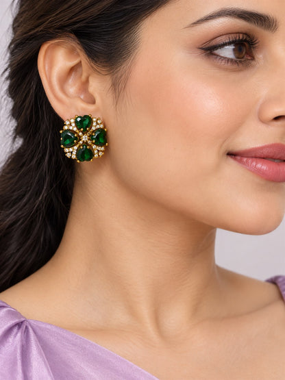 Green Four Heart Floral Stud Earrings - Gold Plated on a model
