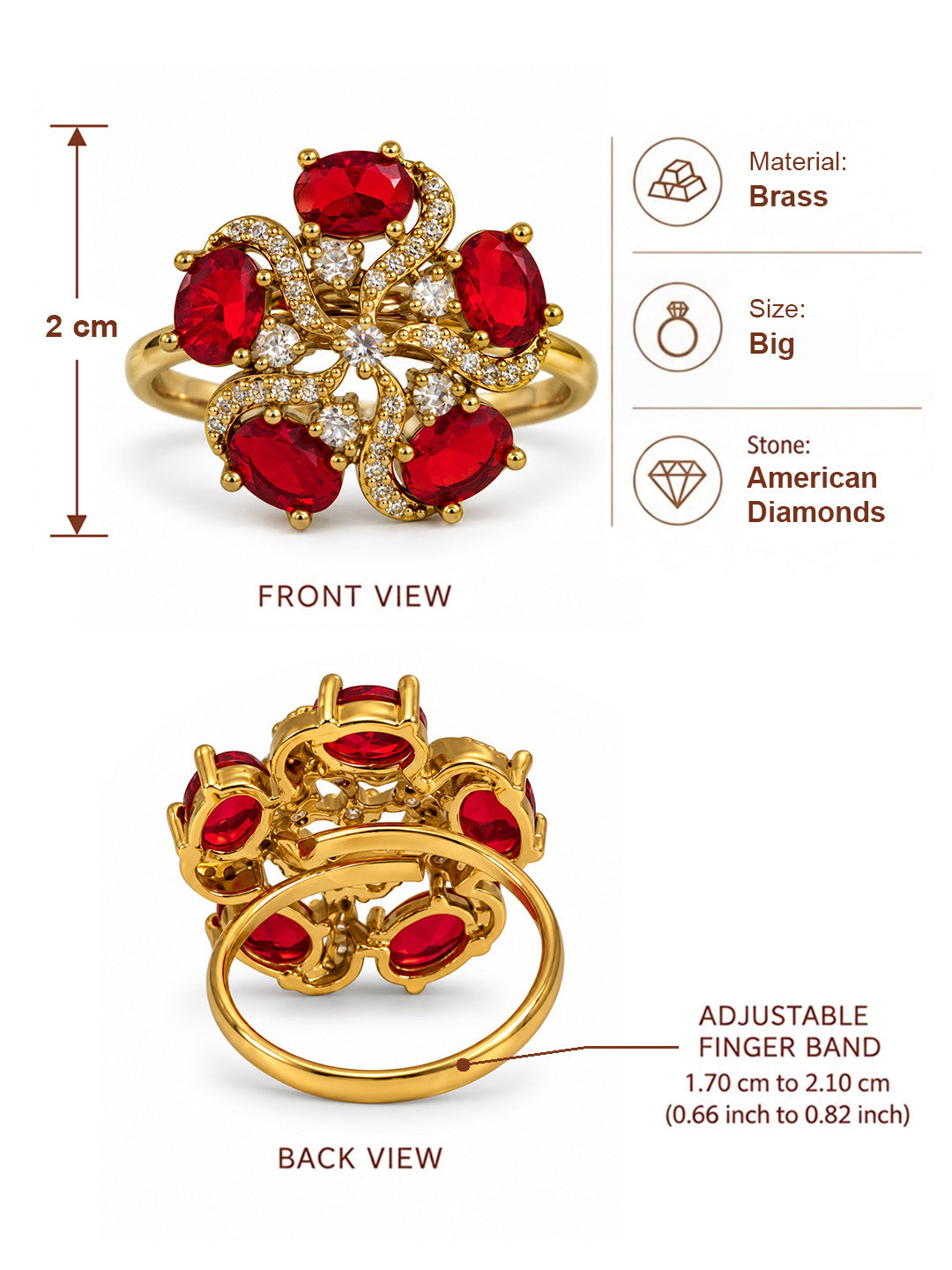 Red Stone Five Petal Swirl Ring - Gold Plated, additional view 6