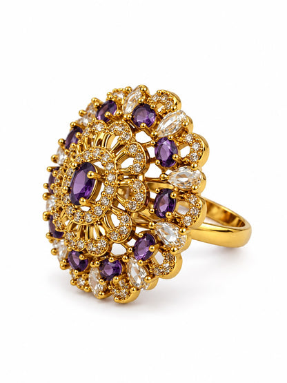 Purple Stone Ornate Floral Cluster Ring - Gold Plated, additional view 1