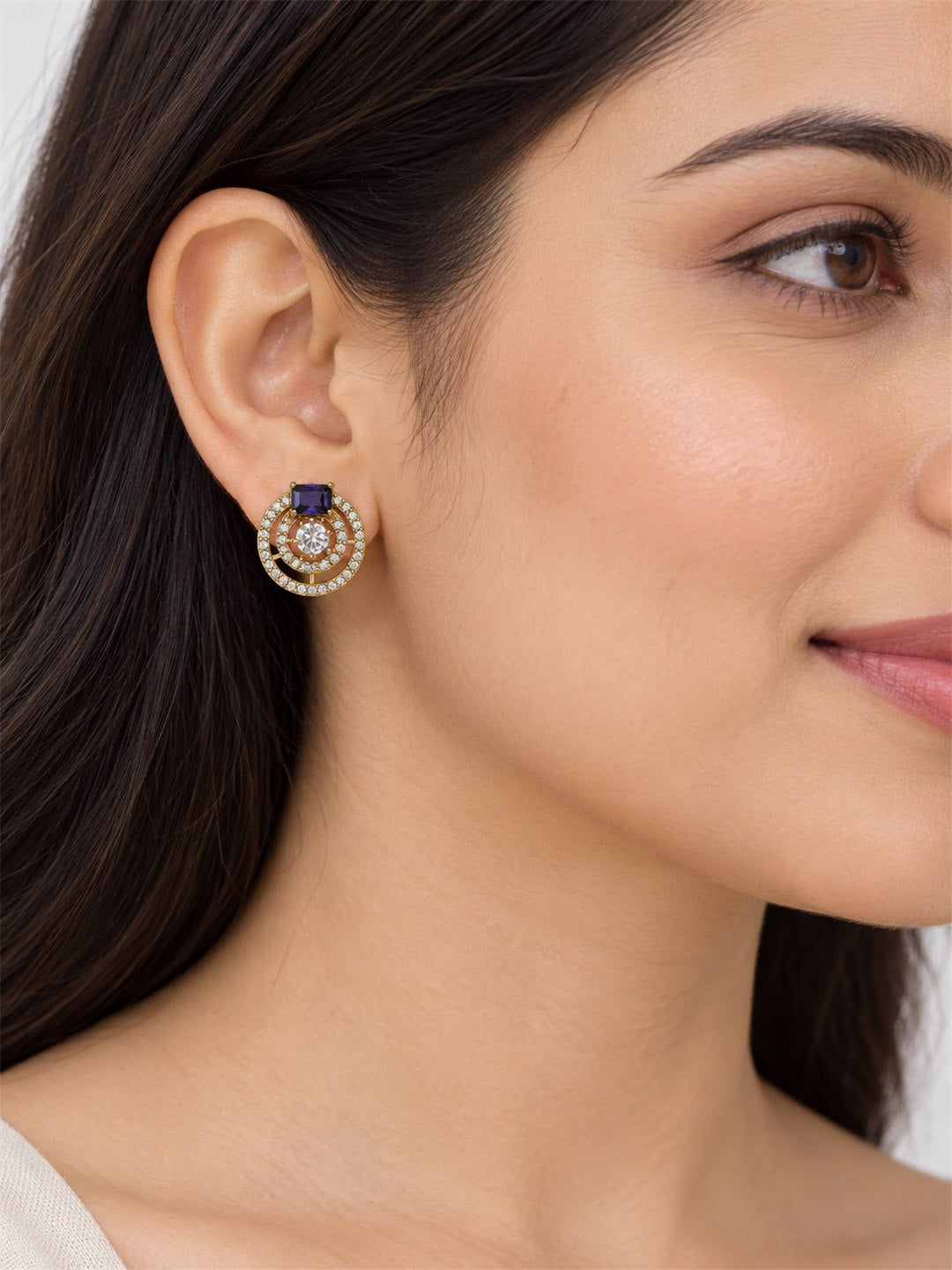 Purple Stone Double Halo Stud Earrings, gold plated, model close-up