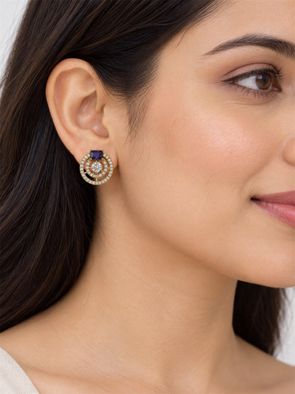 Purple Stone Double Halo Stud Earrings, gold plated, model close-up