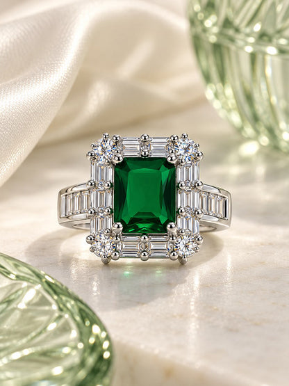 Green Center Stone Baguette Halo Ring - Silver Plated product image