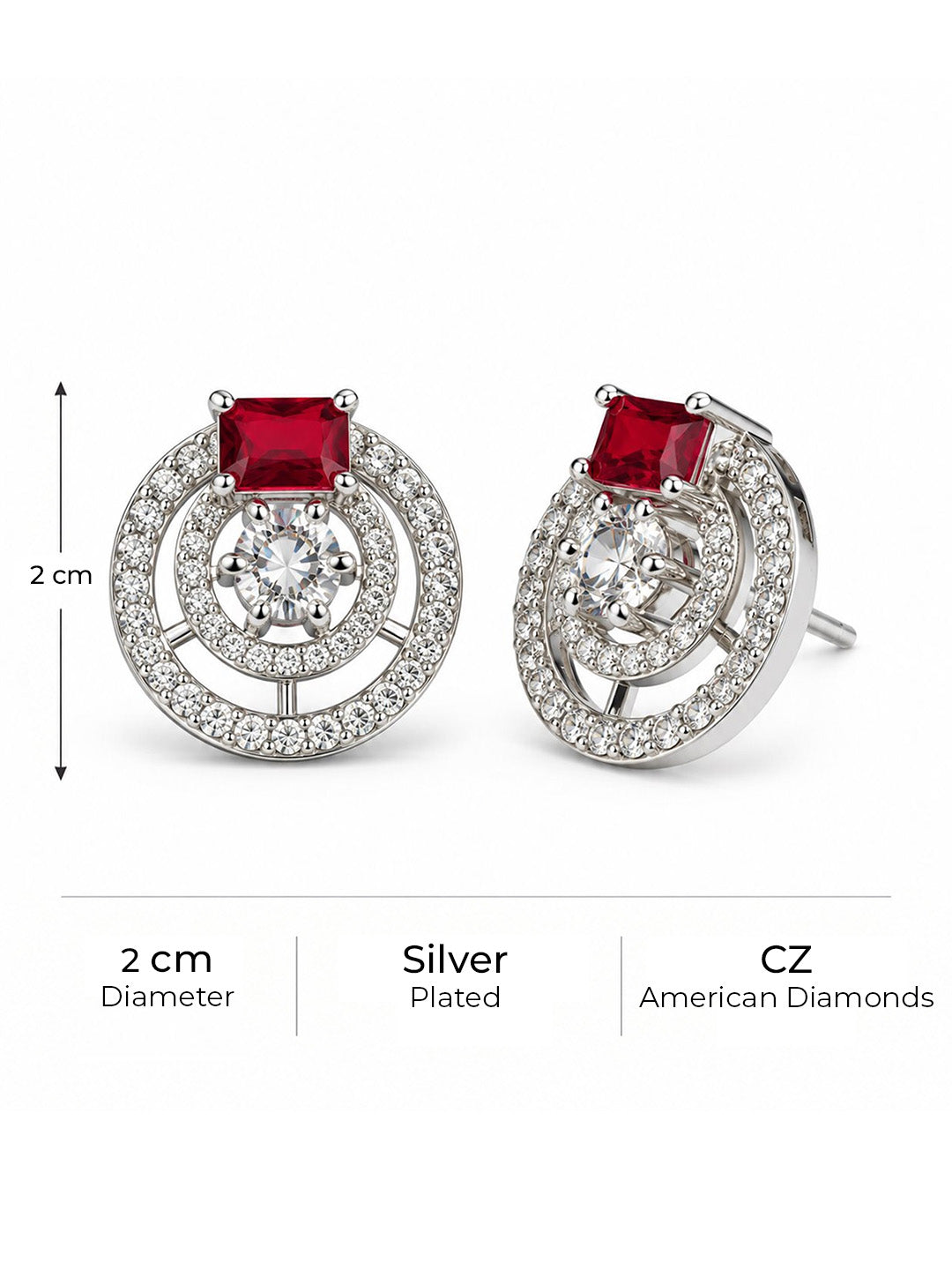 Red Stone Double Halo Stud Earrings, silver plated, size and plating details