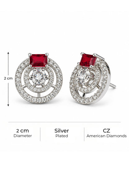Red Stone Double Halo Stud Earrings, silver plated, size and plating details