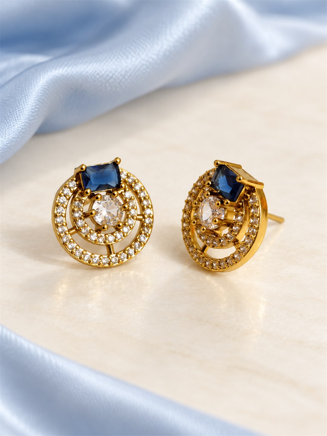Blue Stone Double Halo Stud Earrings, gold plated, lifestyle view