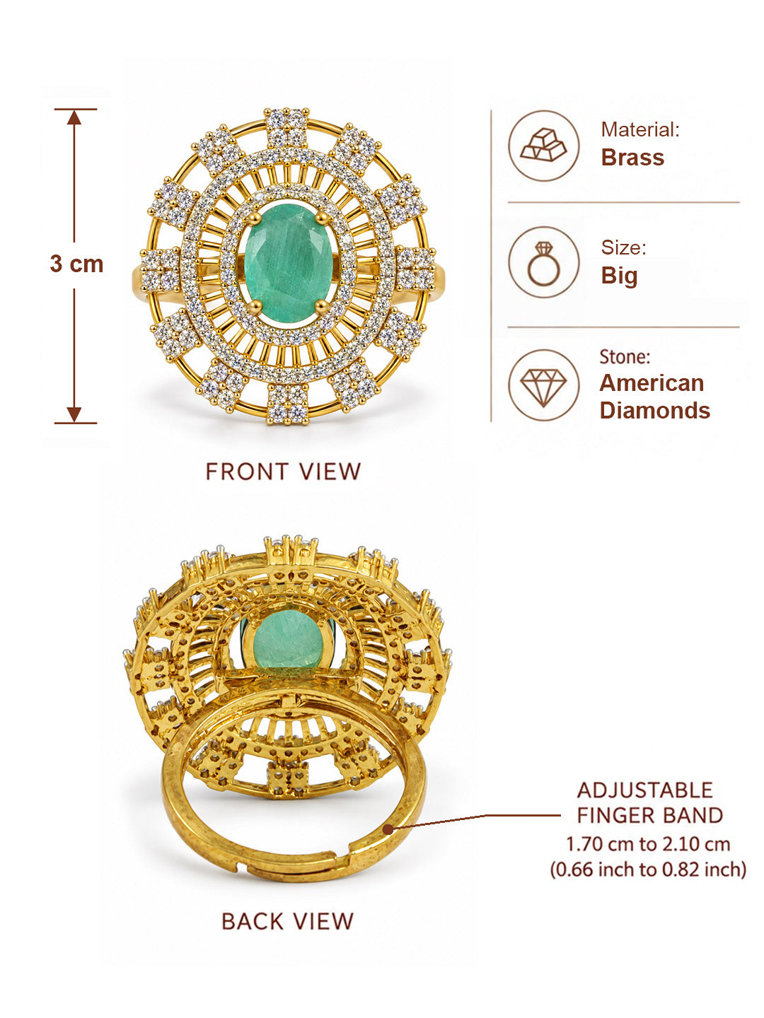 Sea Green Center Stone Baguette Halo Ring - Gold Plated