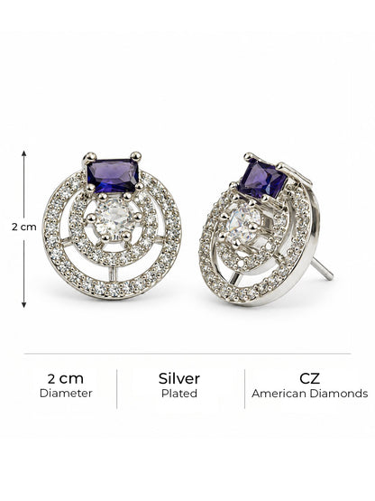 Purple Stone Double Halo Stud Earrings, silver plated, size and plating details