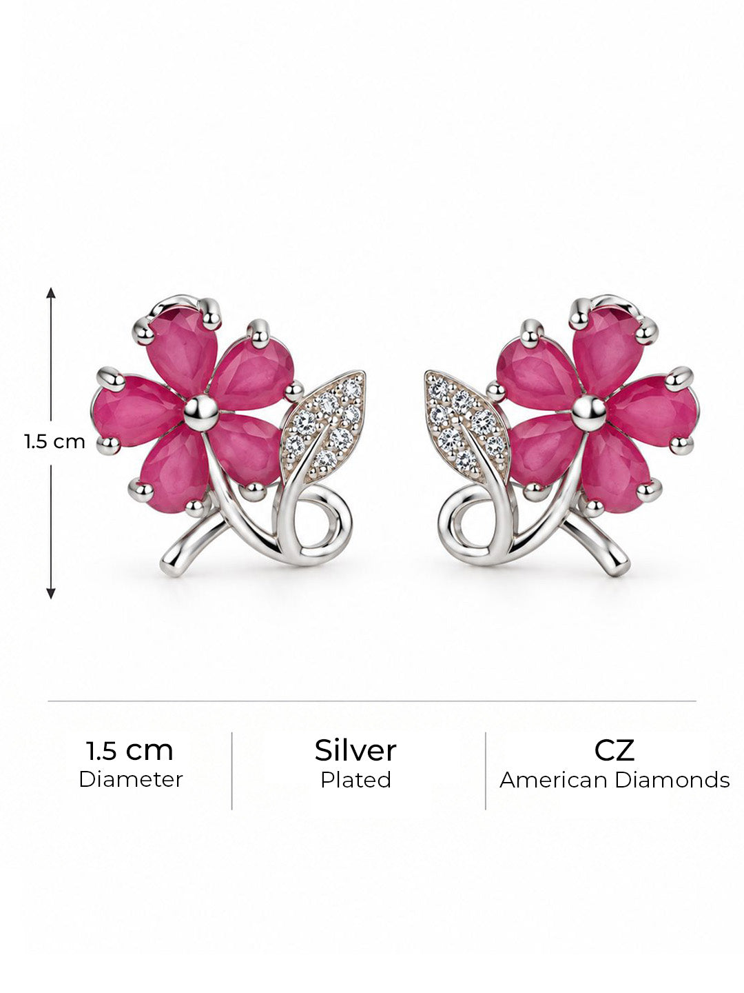 Pink Flower and Leaf Stud Earrings, silver plated, size and plating details