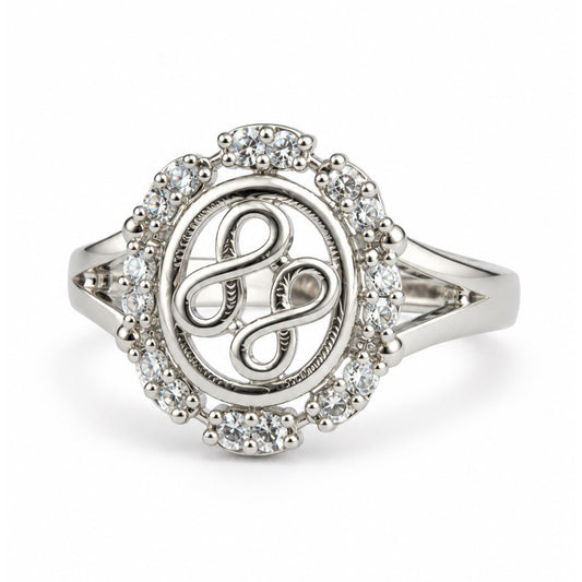 Clear Oval Halo Scroll Ring - Silver Plated
