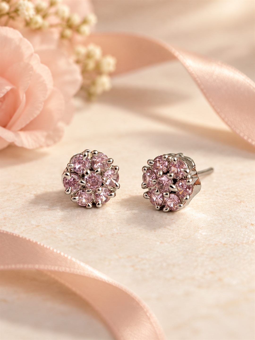 Pink Stone Floral Cluster Stud Earrings, silver plated, lifestyle view