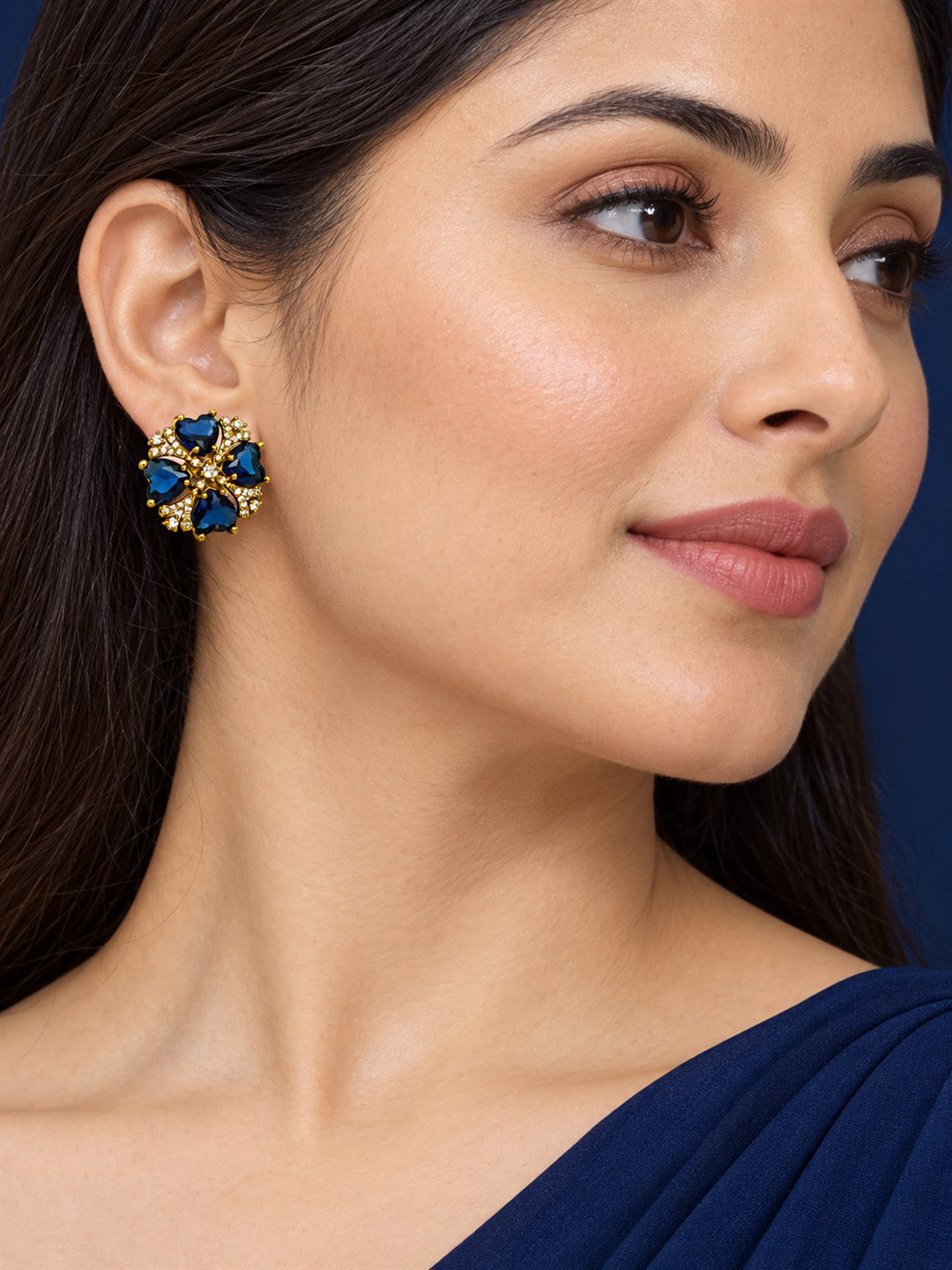 Blue Four Heart Floral Stud Earrings - Gold Plated on a model