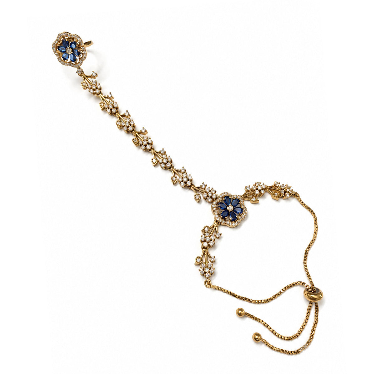 Blue Floral Marquise-Stone Chain Hathphool - Mehndi Plated