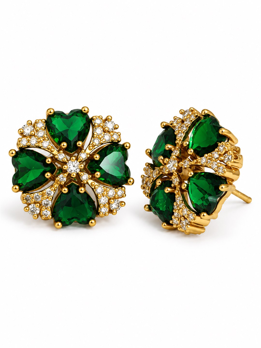 Green Four Heart Floral Stud Earrings - Gold Plated