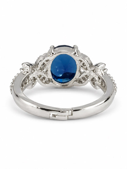 Blue Oval Center Stone Floral Shoulder Ring - Silver Plated