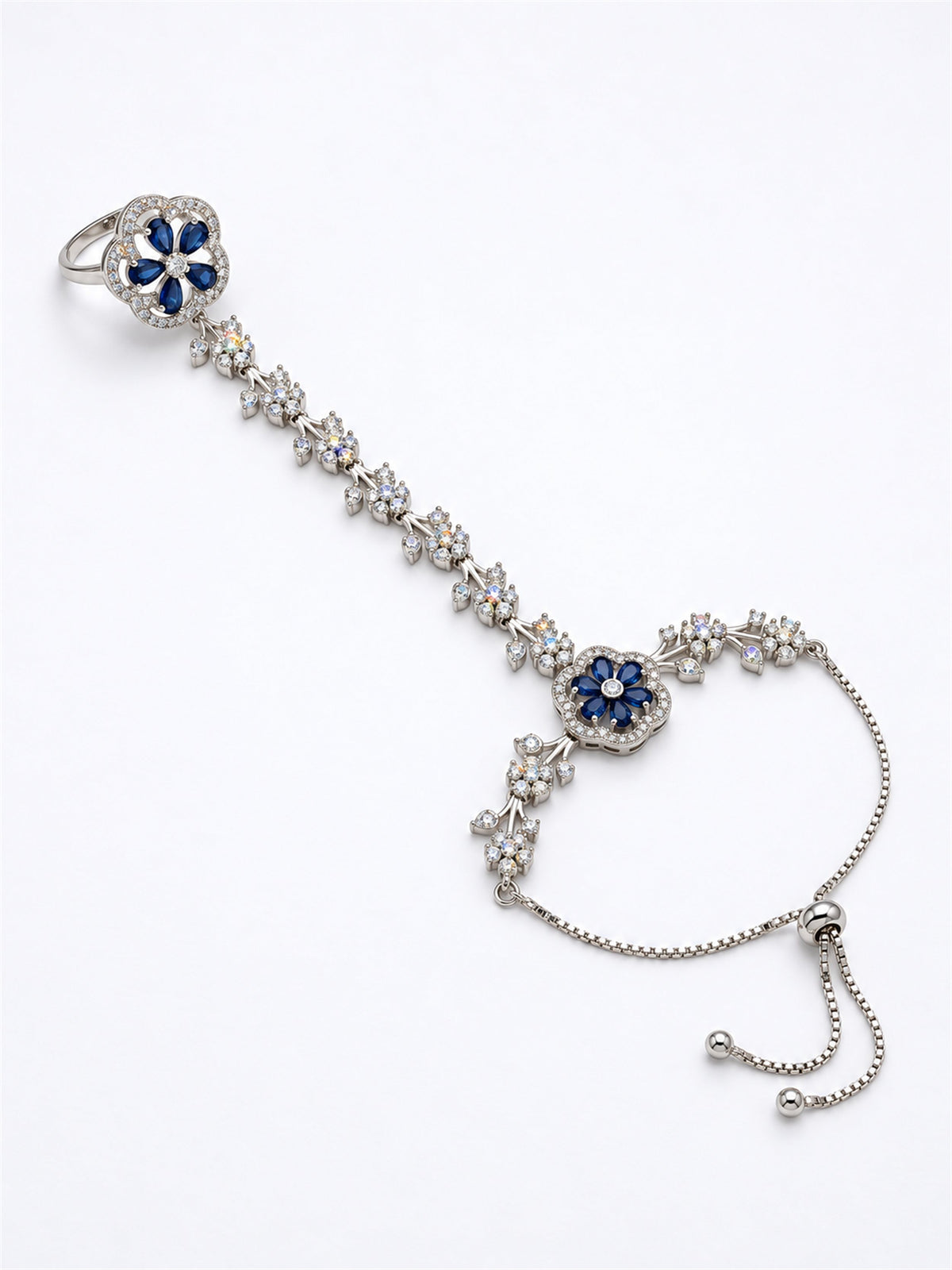 Blue silver-plated floral marquise-stone chain hathphool