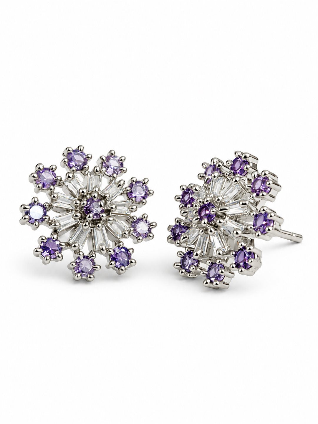Purple Baguette Sunburst Stud Earrings, silver plated, alternate product view