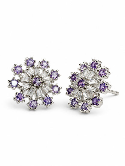 Purple Baguette Sunburst Stud Earrings, silver plated, alternate product view