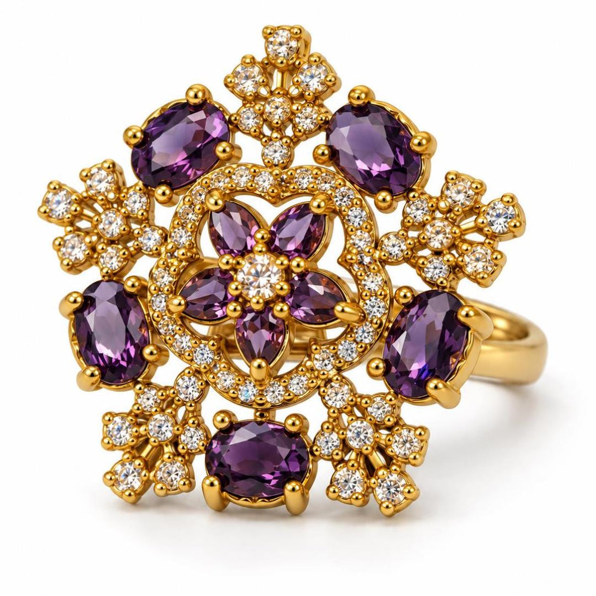 Purple Stone Floral Cross Cluster Ring - Gold Plated, product view