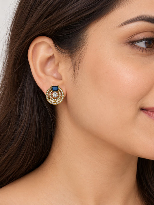 Blue Stone Double Halo Stud Earrings, gold plated, model close-up
