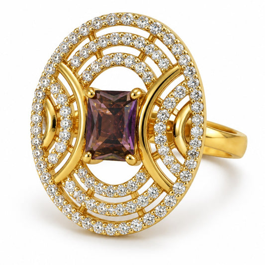 Purple Center Stone Oval Geometric Halo Ring - Gold Plated