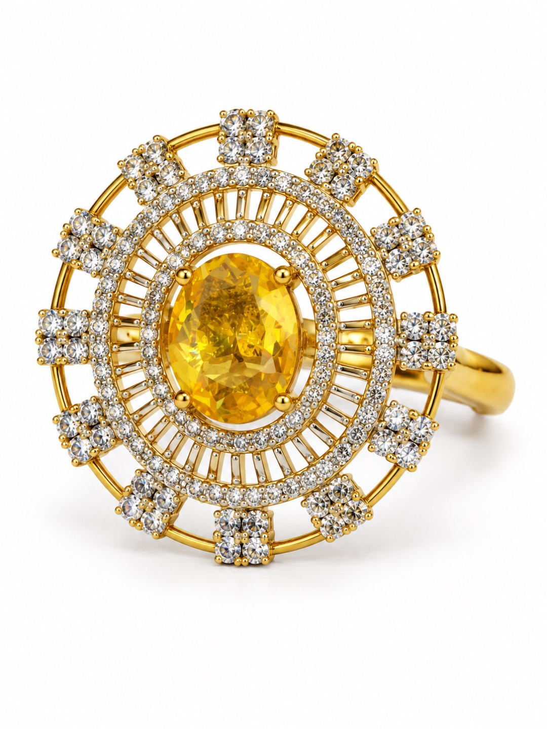 Yellow Center Stone Baguette Halo Ring - Gold Plated