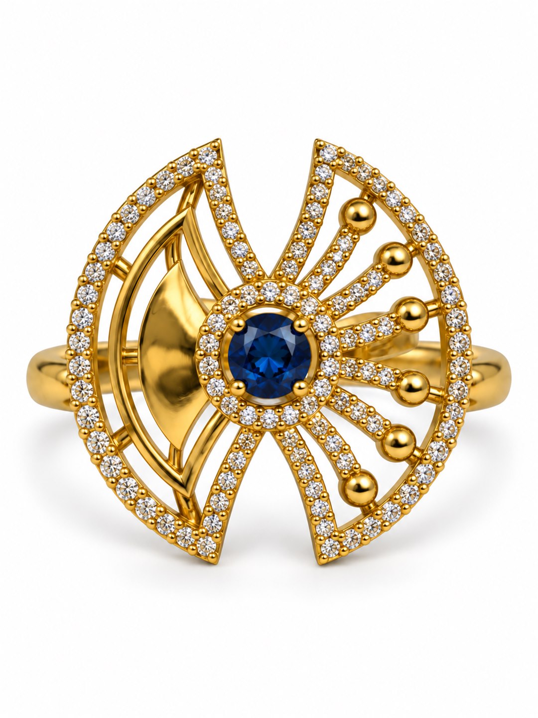 Blue Stone Openwork Fan Ring - Gold Plated, additional view 4