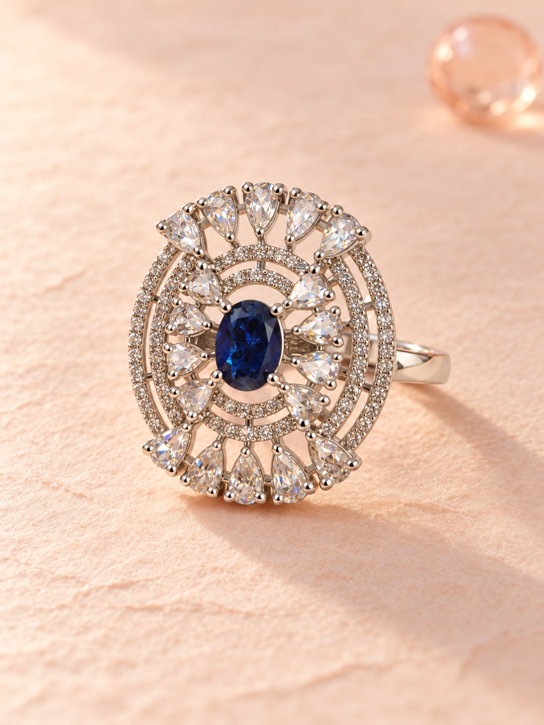 Blue Oval Center Halo Ring - Silver Plated - alternate view