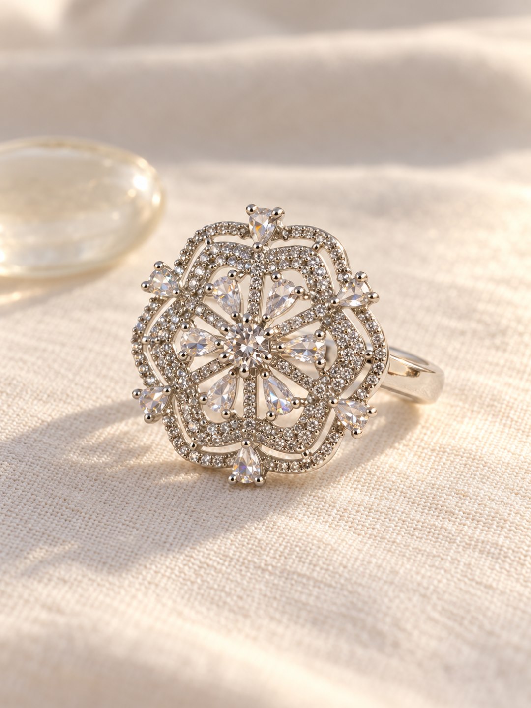 Clear Round Center Geometric Flower Ring - Silver Plated - alternate view