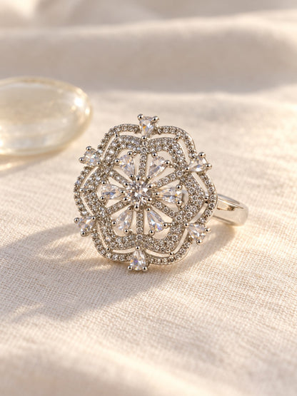 Clear Round Center Geometric Flower Ring - Silver Plated - alternate view