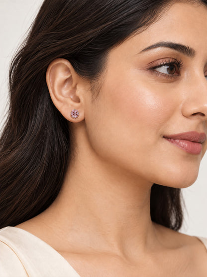 Pink Stone Floral Cluster Stud Earrings, silver plated, model close-up