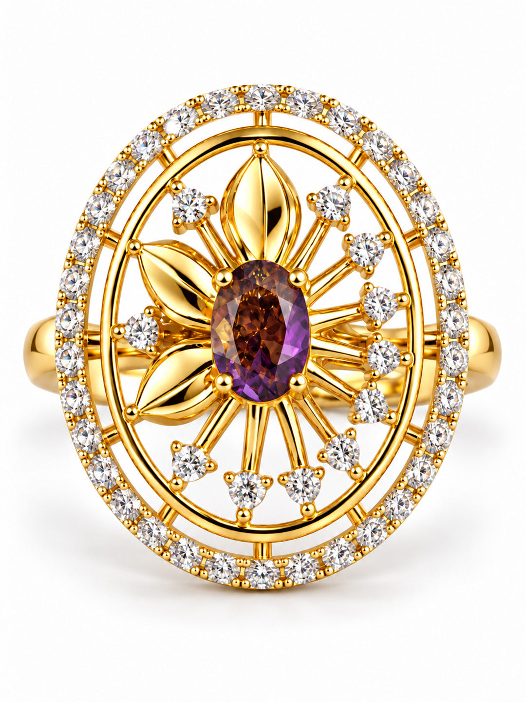 Purple Center Stone Oval Sunburst Ring - Gold Plated