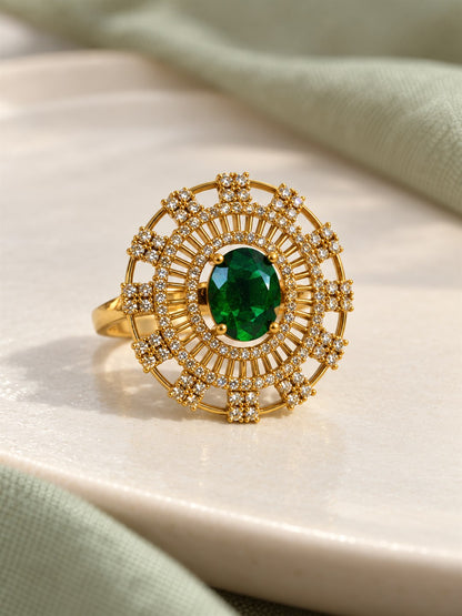 Green Stone Oval Baguette Halo Ring - Gold Plated, additional view 3