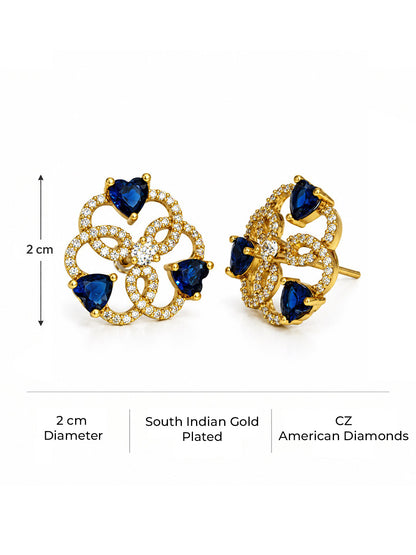 Blue Three Heart Openwork Floral Stud Earrings - Gold Plated