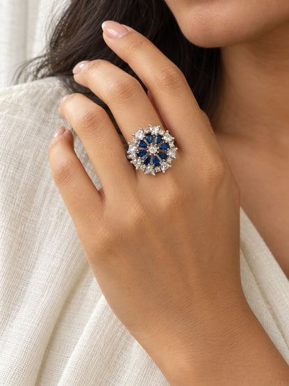 Blue Petal Halo Flower Ring - Silver Plated worn on hand - close-up