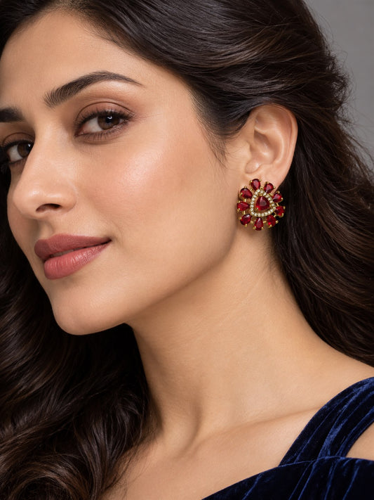 Red Triangle Center Halo Stud Earrings - Gold Plated on a model