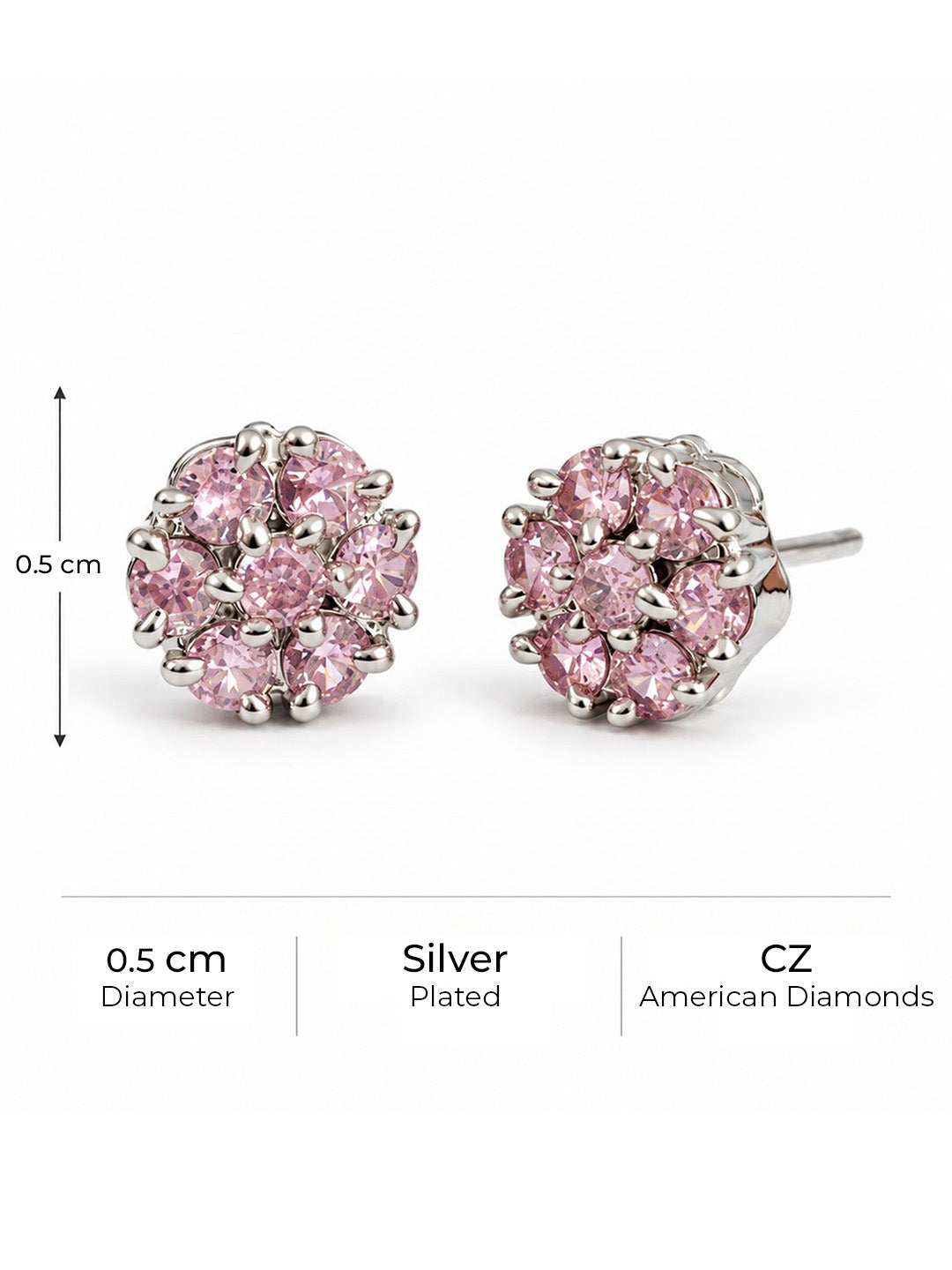 Pink Stone Floral Cluster Stud Earrings, silver plated, size and plating details