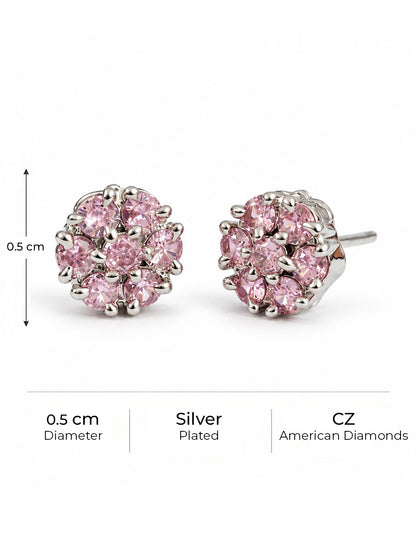 Pink Stone Floral Cluster Stud Earrings, silver plated, size and plating details
