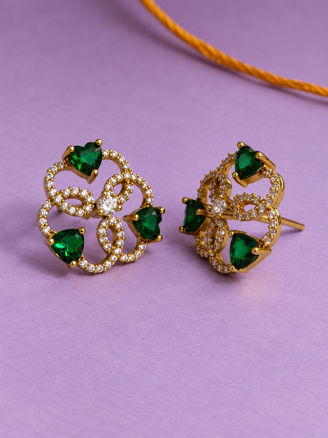 Green Three Heart Openwork Floral Stud Earrings - Gold Plated