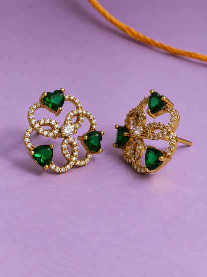 Green Three Heart Openwork Floral Stud Earrings - Gold Plated