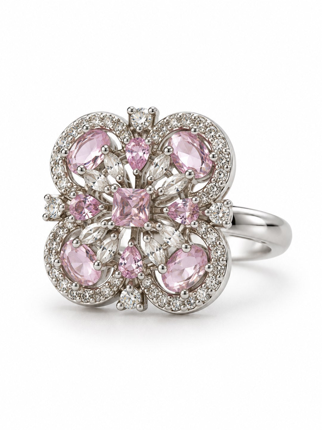Pink Square Center Quatrefoil Ring - Silver Plated - alternate view