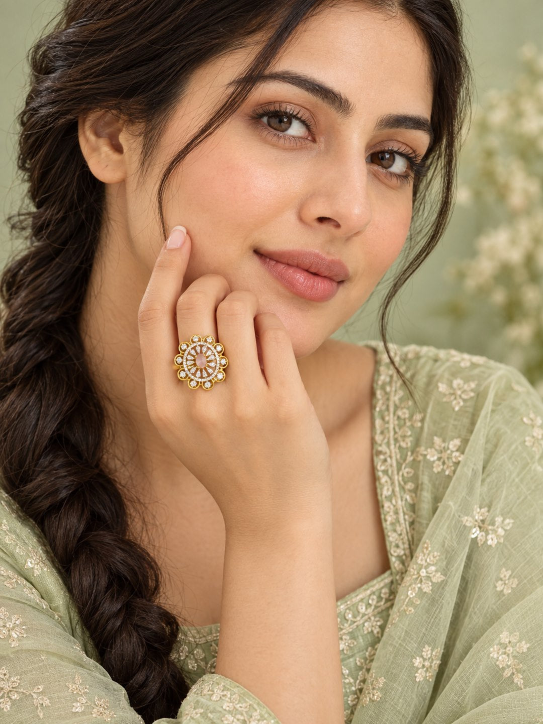 Pink Center Stone Scalloped Floral Halo Ring - Gold Plated