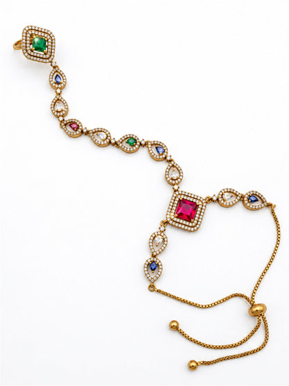 Multicolor Square Halo and Teardrop Hathphool - Mehndi Plated