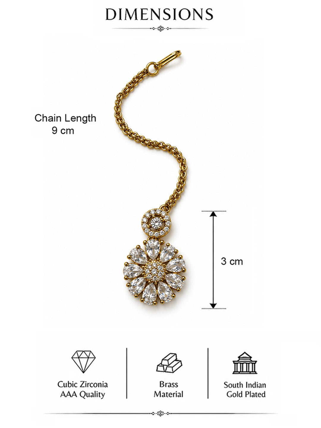 Clear Teardrop Floral Maang Tikka - Gold Plated, additional view 5