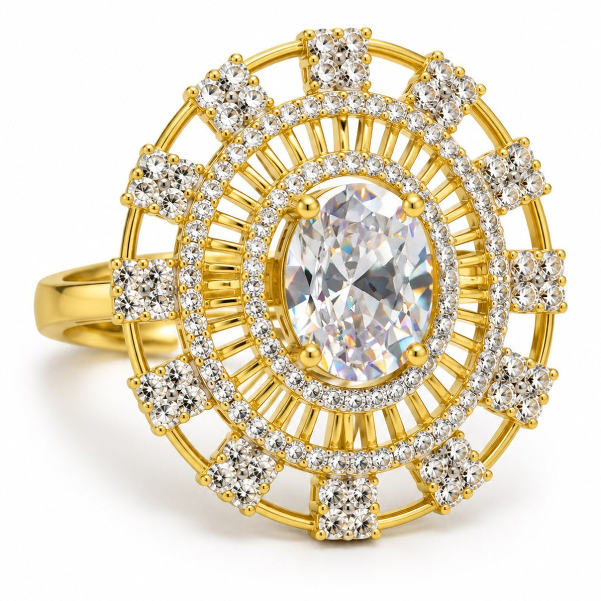 White Center Stone Baguette Halo Ring - Gold Plated