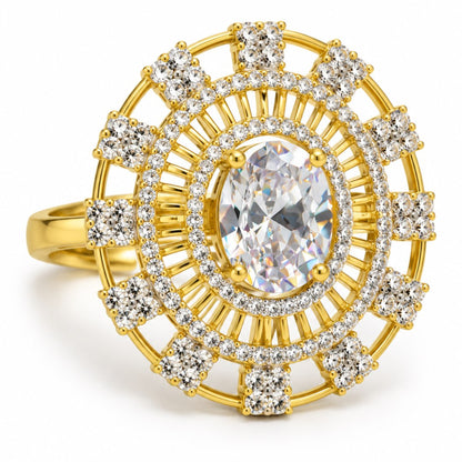 White Center Stone Baguette Halo Ring - Gold Plated