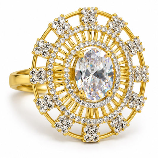 White Center Stone Baguette Halo Ring - Gold Plated