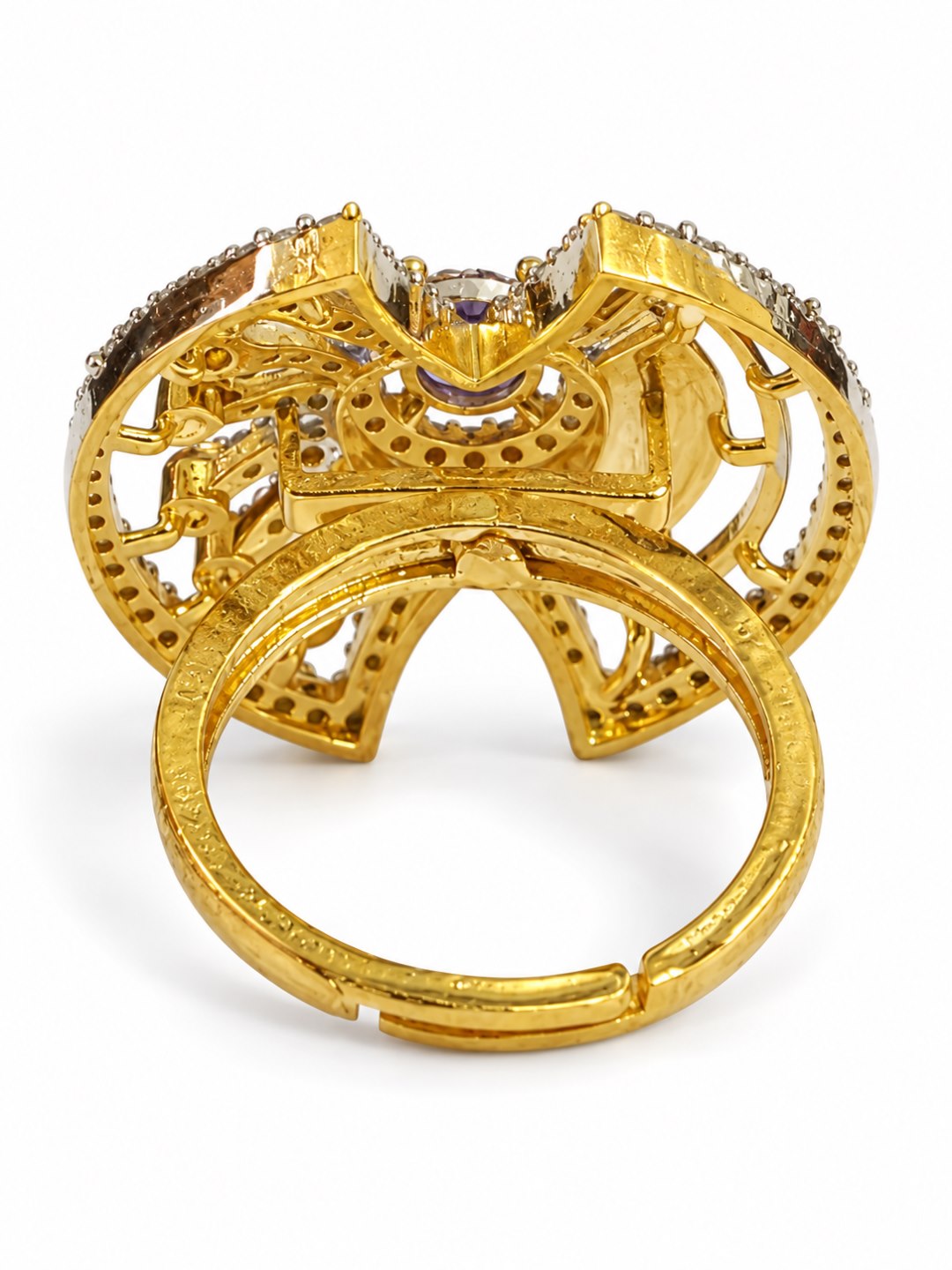 Purple Center Stone Fan Motif Ring - Gold Plated