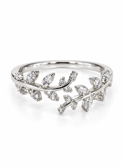 Clear Leaf Vine Ring - Silver Plated