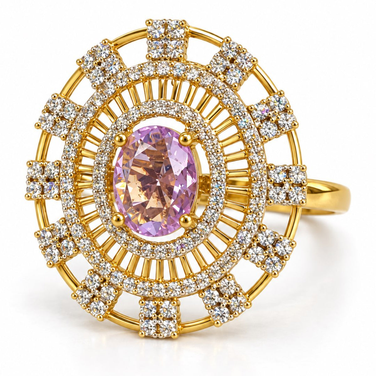 Lavender Center Stone Baguette Halo Ring - Gold Plated