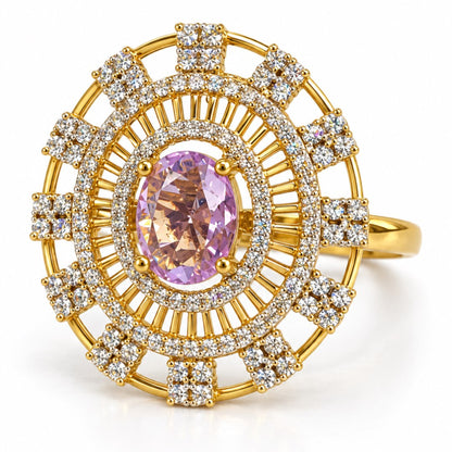 Lavender Center Stone Baguette Halo Ring - Gold Plated